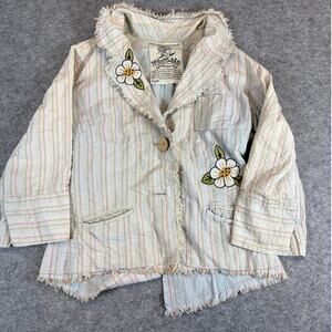 Nick & Mo Blazer Jacket Womens Small Beige Striped Embroidered Seersucker Boho
